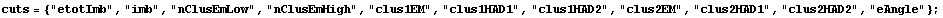 cuts = {"etotImb", "imb", "nClusEmLow", "nClusEmHigh", "clus1EM", "clus1HAD1", "clus1HAD2", "clus2EM", "clus2HAD1", "clus2HAD2", "eAngle"} ;