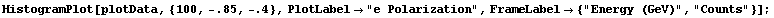 HistogramPlot[plotData, {100, -.85, -.4}, PlotLabel -> "e Polarization", FrameLabel -> {"Energy (GeV)", "Counts"}] ;